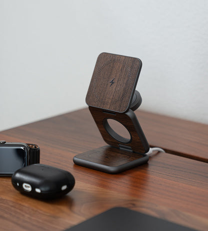 Nvy charger Pro | 3-in-1 multi opvouwbare oplaadstandaard houten uitvoering